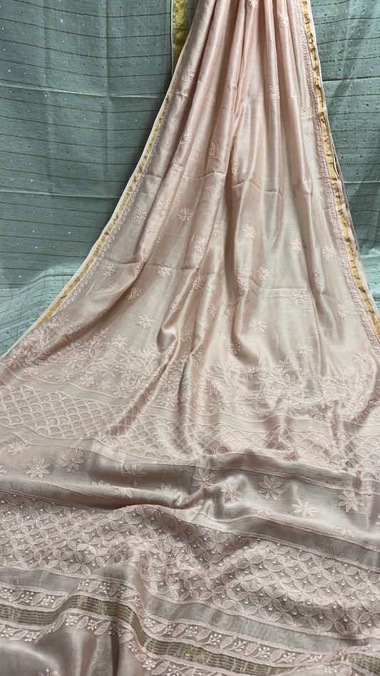 Ivory brown - Moonlight Chanderi silk Chikankari saree