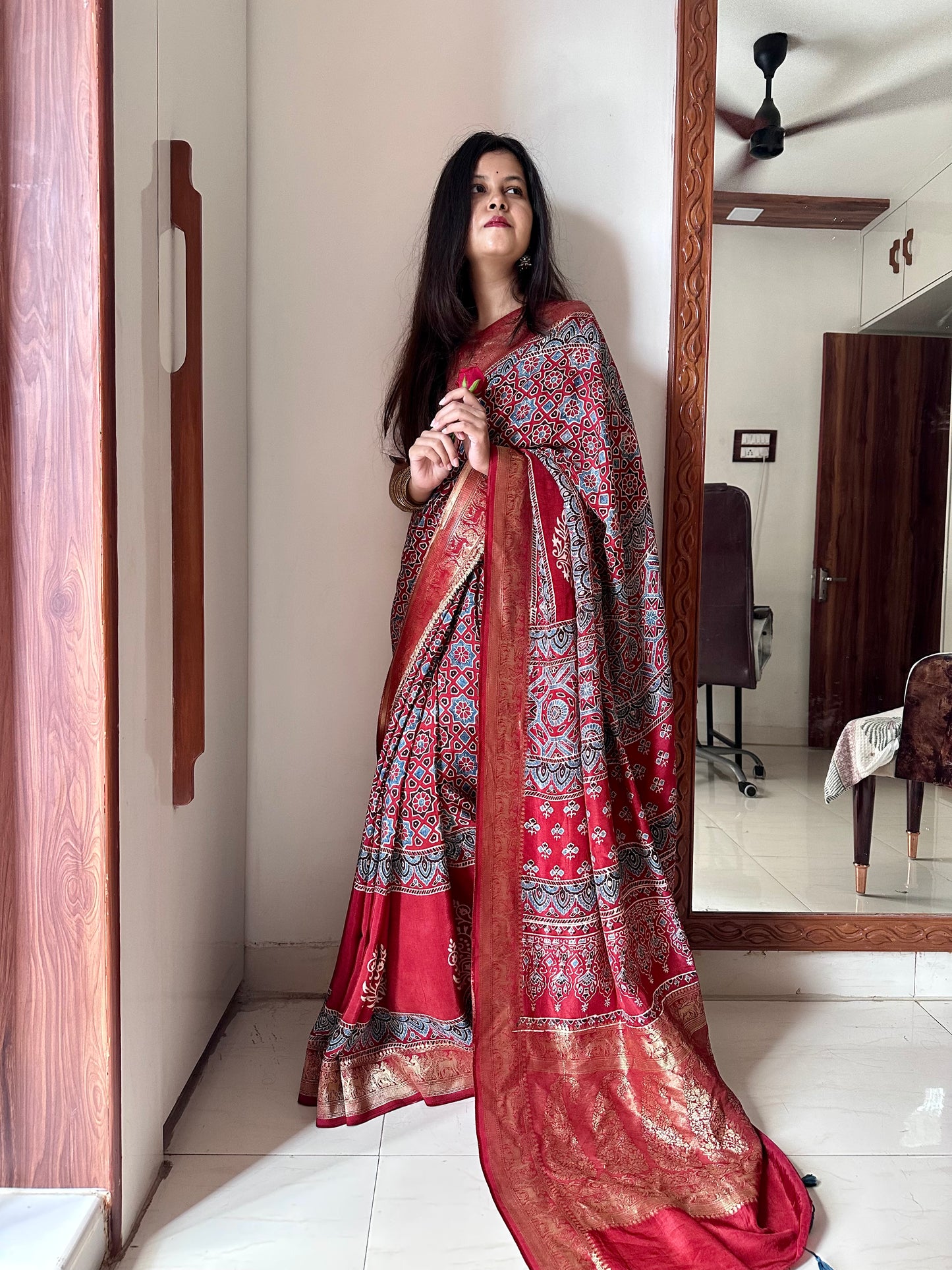 Gauri Sindoori red Ajrakh saree