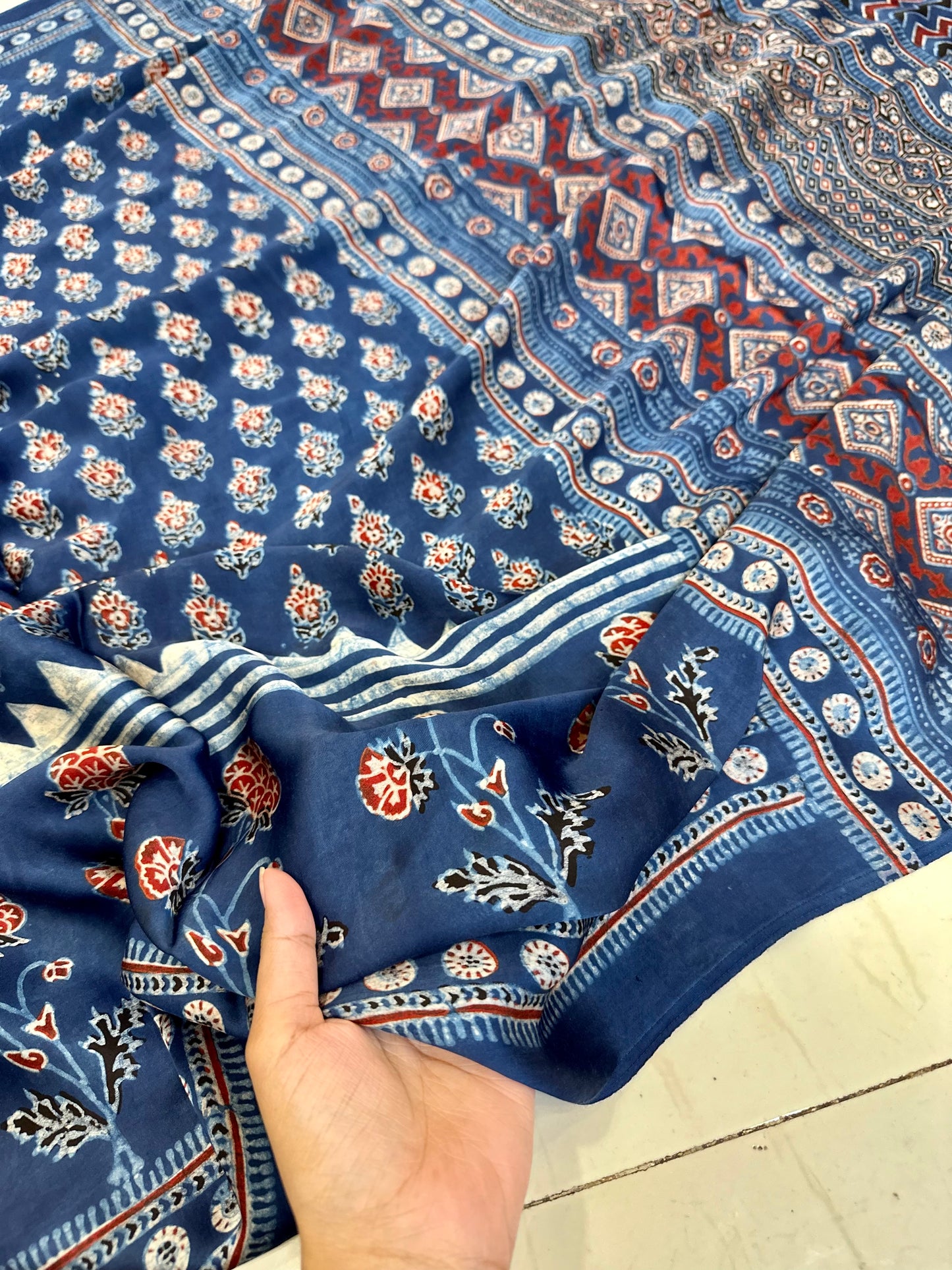 Bulbul Hand Blocked Indigo Ajrakh Modal saree