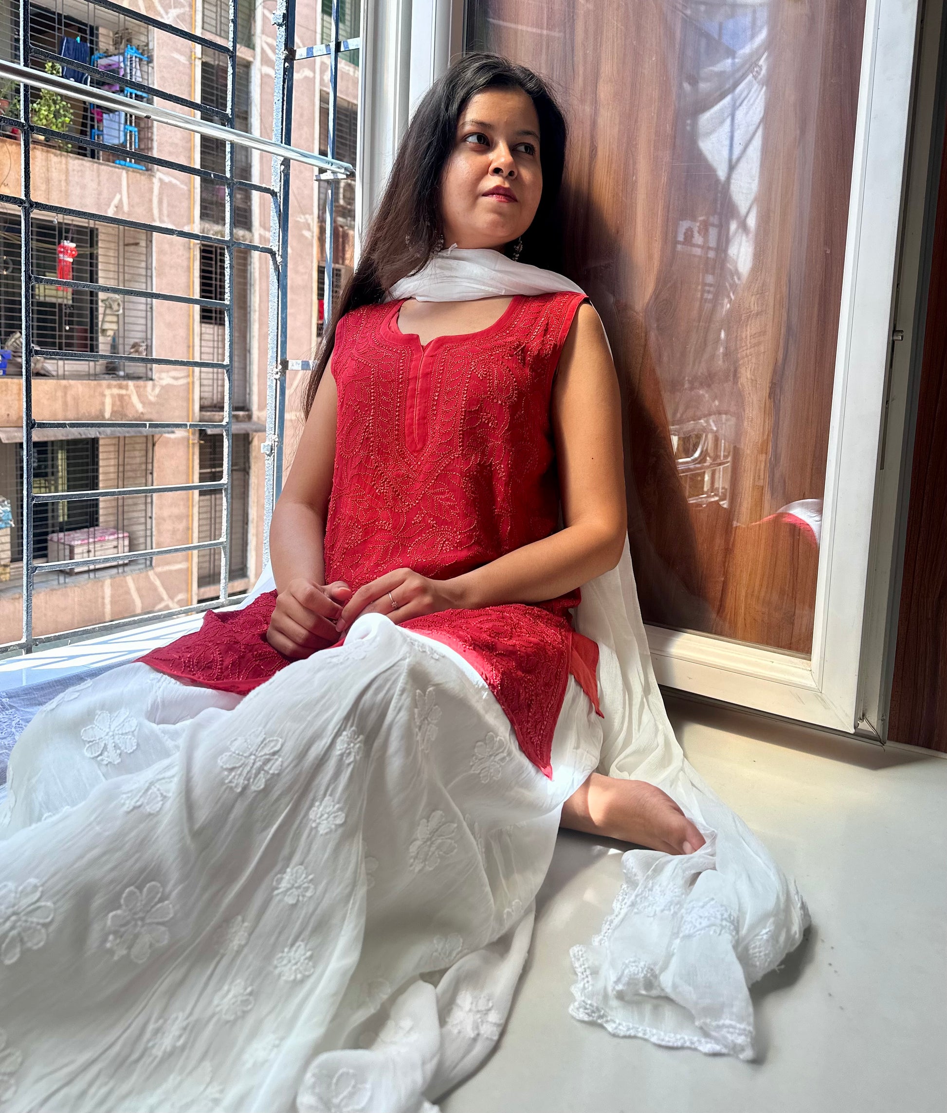 chikankari short dress ROSHA CHIKANKARI PEACH COTTON SHORT DRESS KRI CHIKANKARI