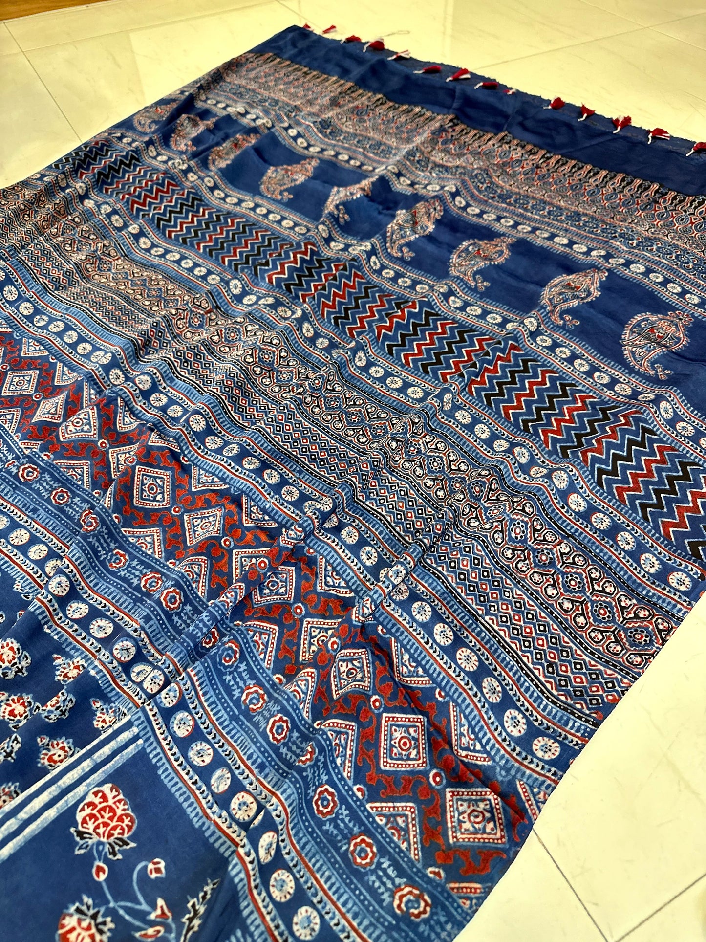 Bulbul Hand Blocked Indigo Ajrakh Modal saree