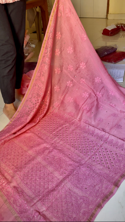 Manmohini Peach pink Pure chanderi silk saree