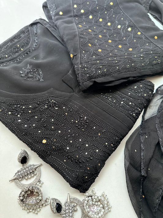 Tara Black Mukaish Chikankari Suit set