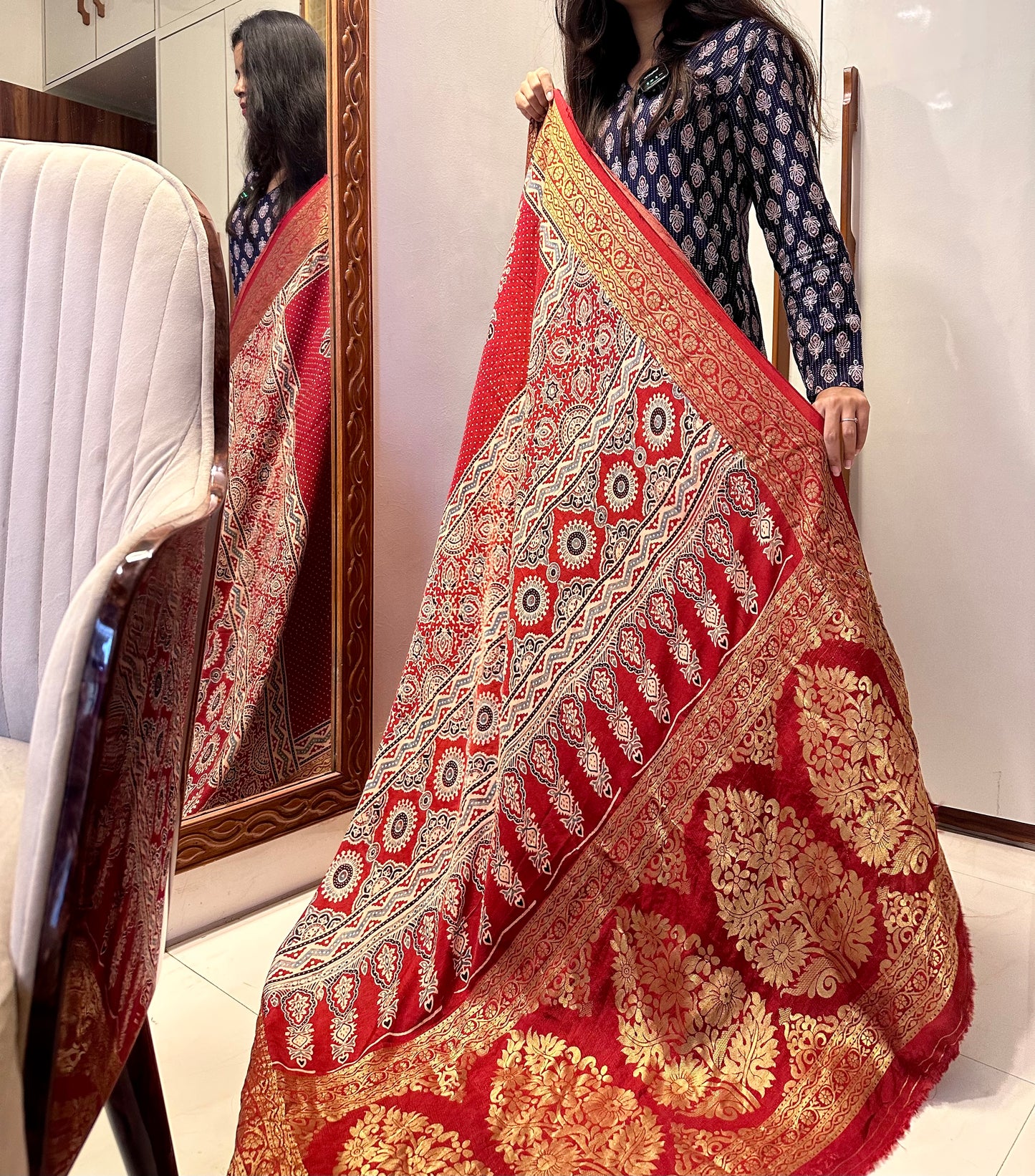 Gauri pure hand block Ajrakh saree