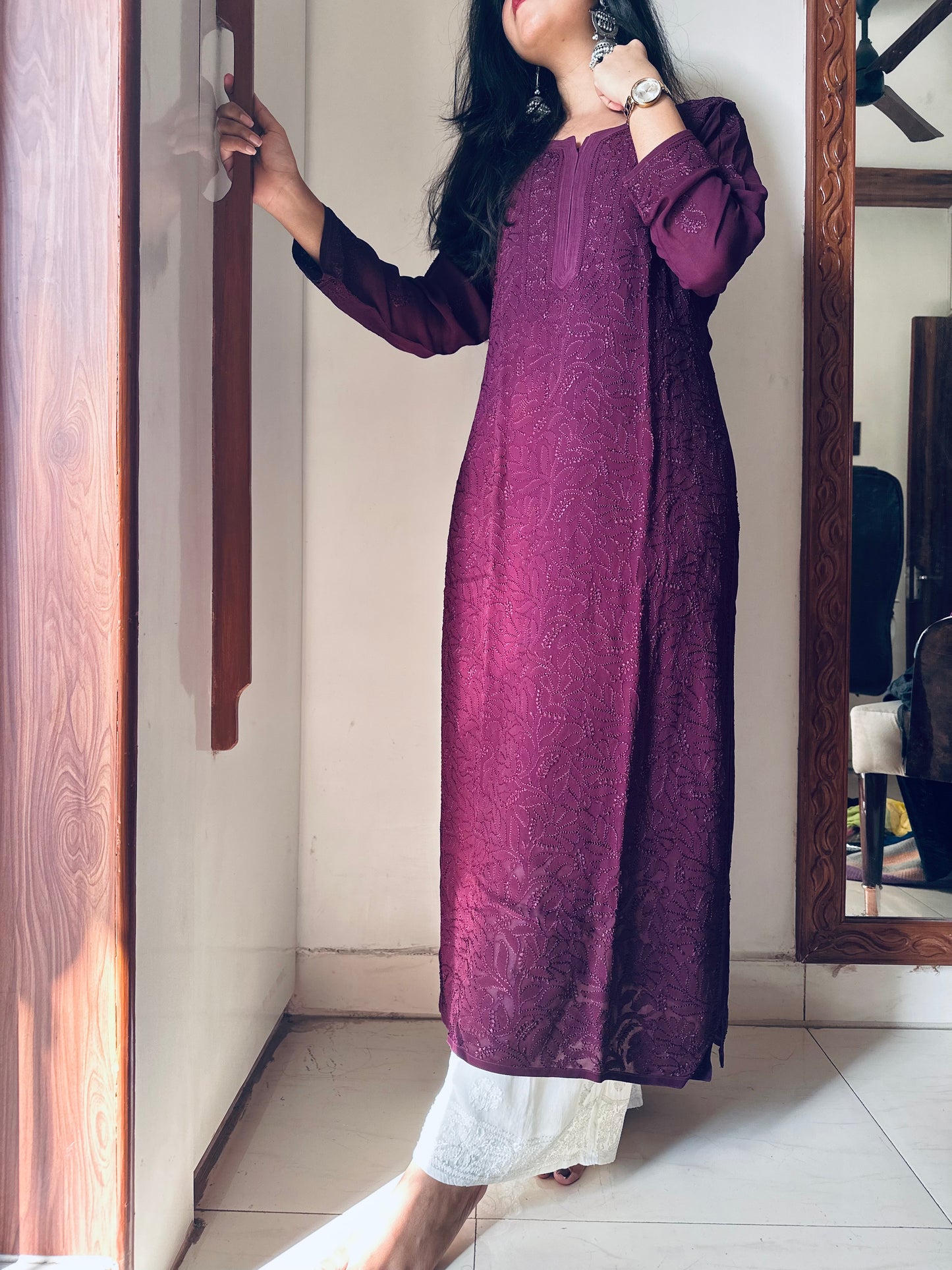 Ank grape wine georgette Chikankari suit set