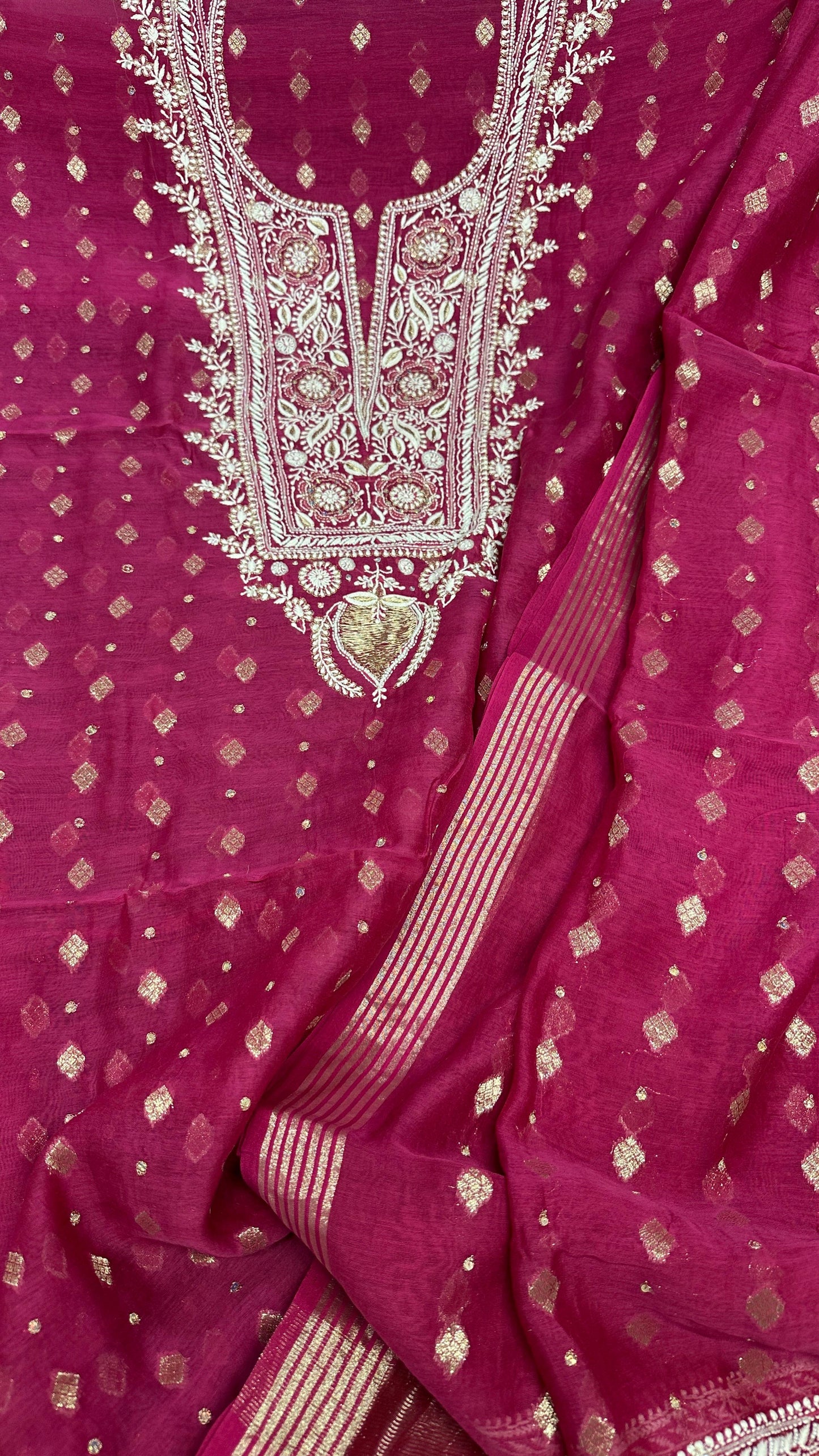 Rani Pink Banarsi weave Unstitched Pure Makhan mul chanderi Suit Sets