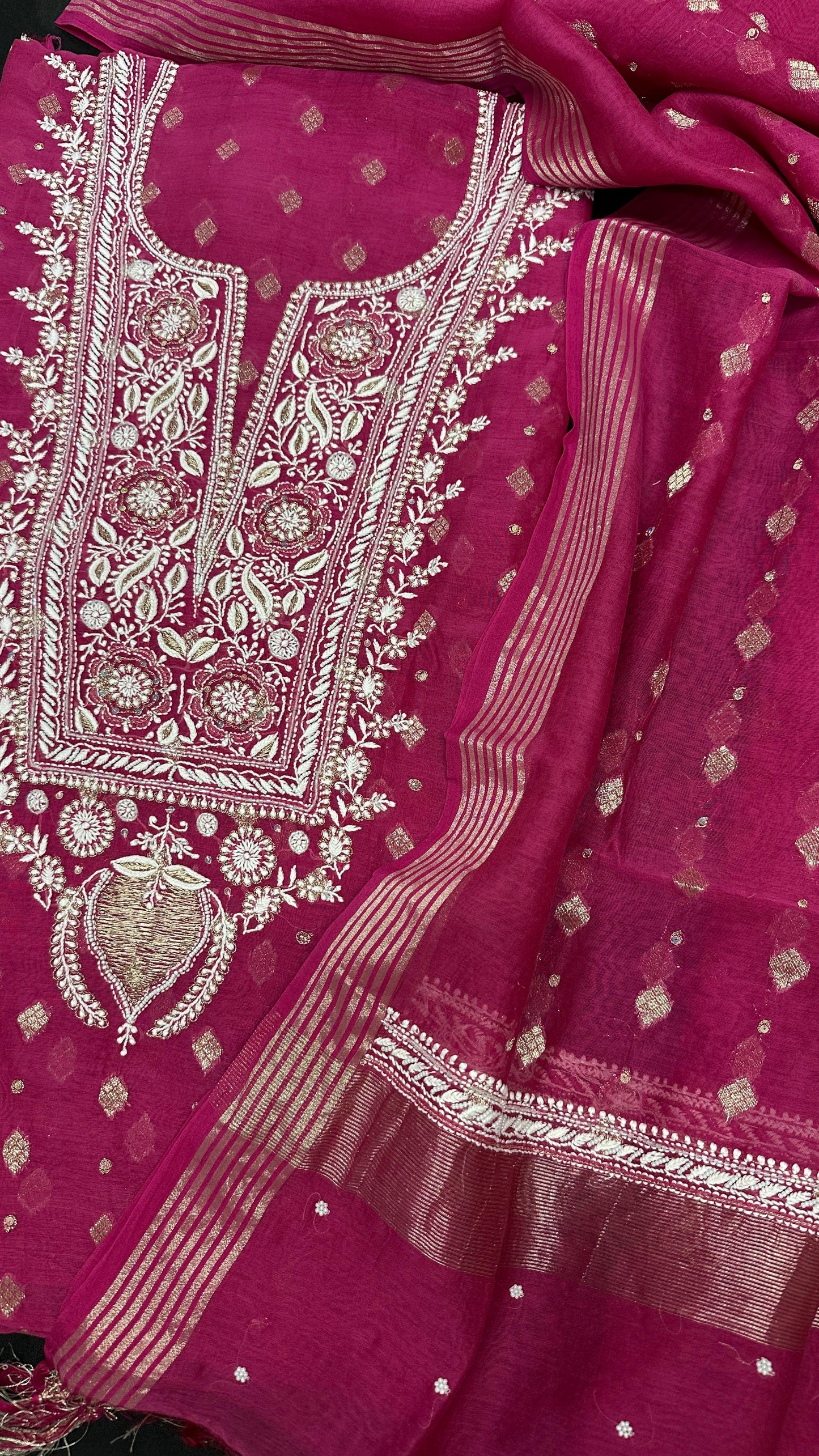 Rani Pink Banarsi weave Unstitched Pure Makhan mul chanderi Suit Sets
