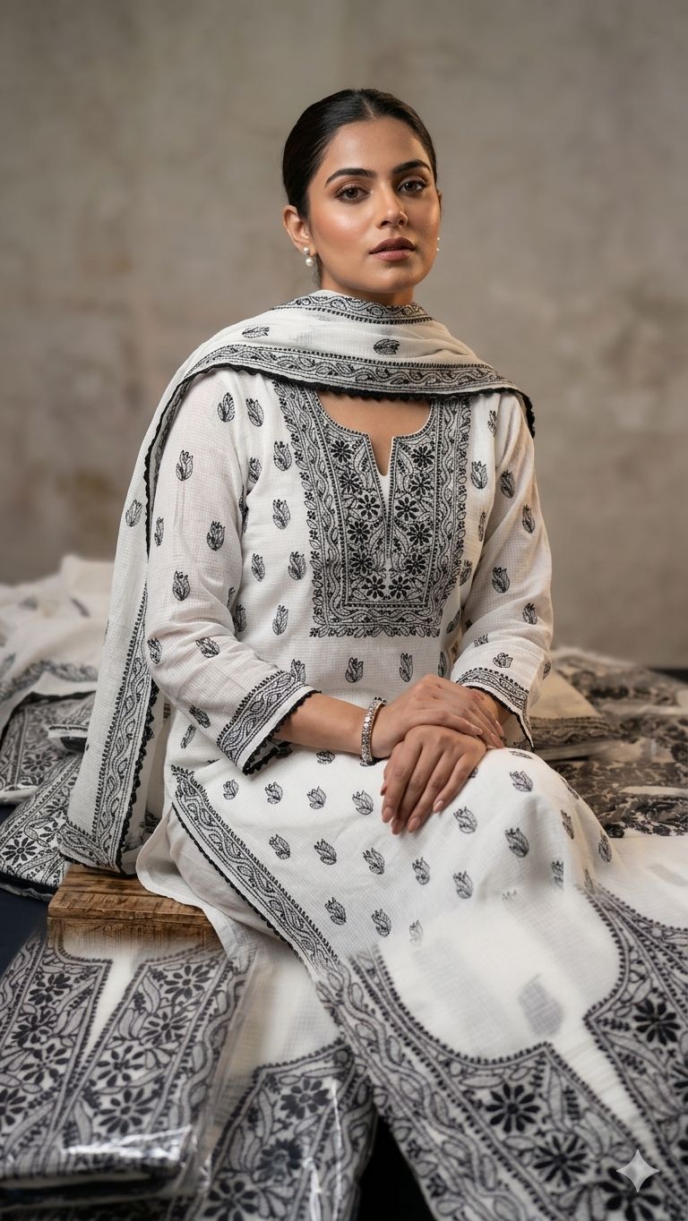 Unstitched kota doria Chikankari Suit set
