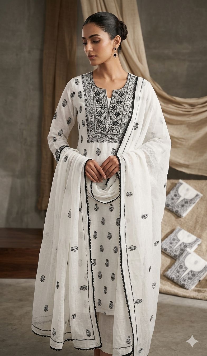 Unstitched kota doria Chikankari Suit set