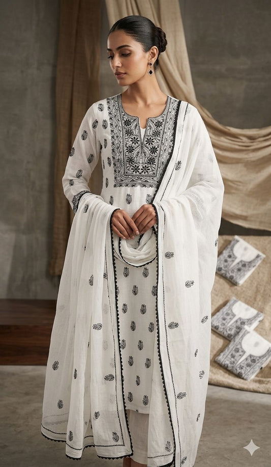 Unstitched kota doria Chikankari Suit set