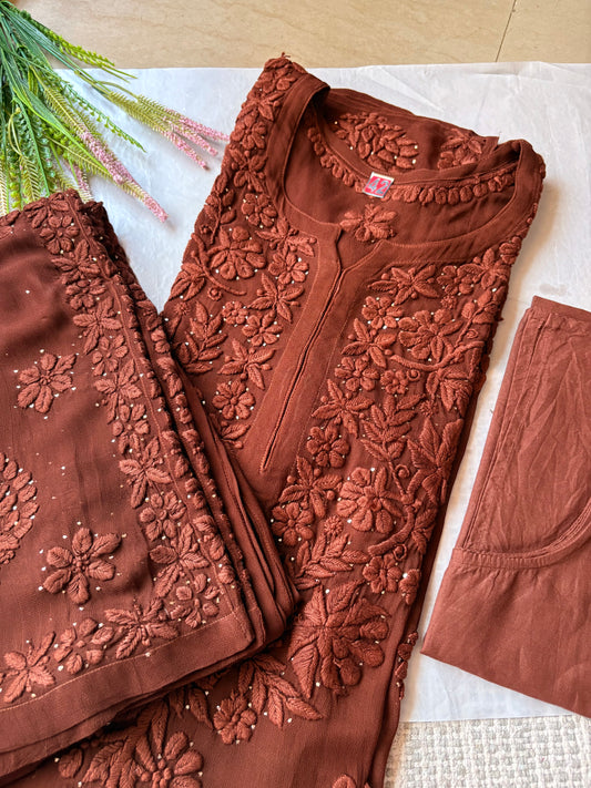 Haseen Haniya 3D Chocolate browns Chikankari Suit set