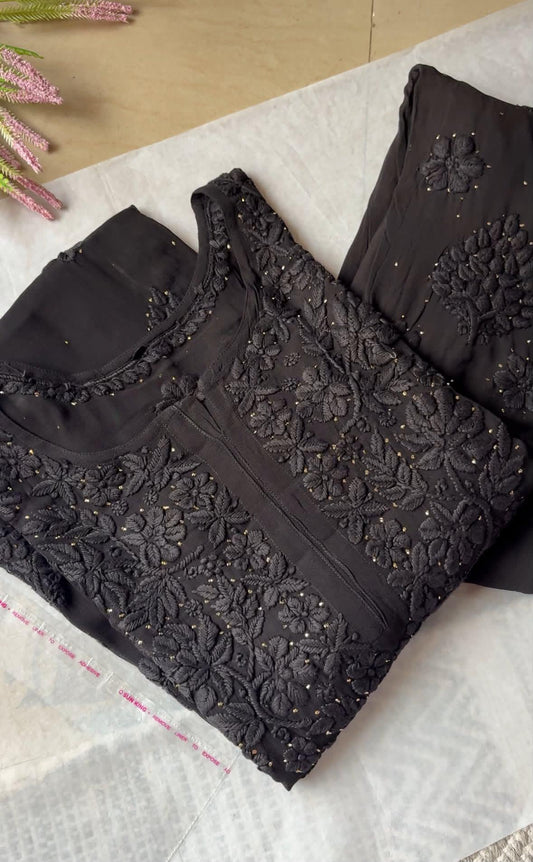 Haseen Haniya jet black Chikankari 6D work Suit set