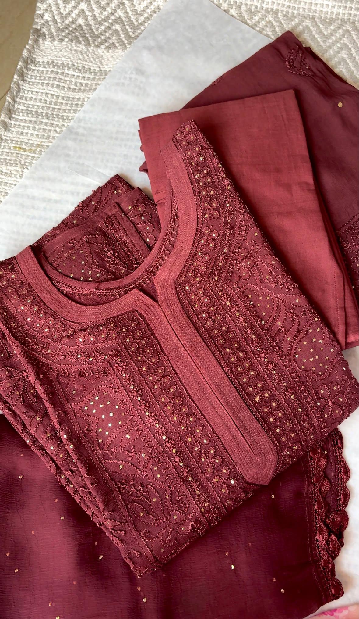 Tara Terracotta Browns Chikankari Mukaish Suit Set