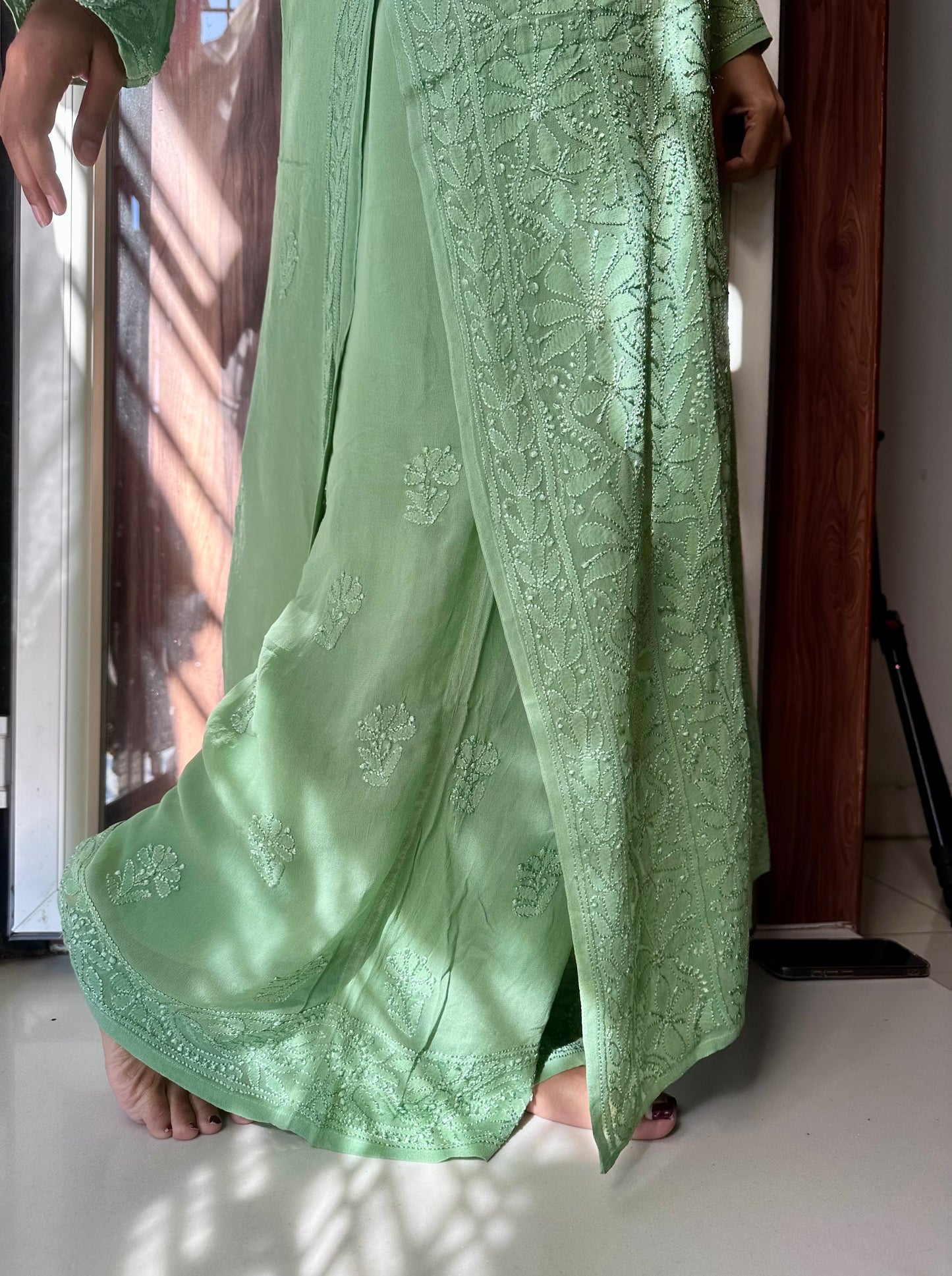Sage green Pure Handwork Georgette Chikankari Suit Set