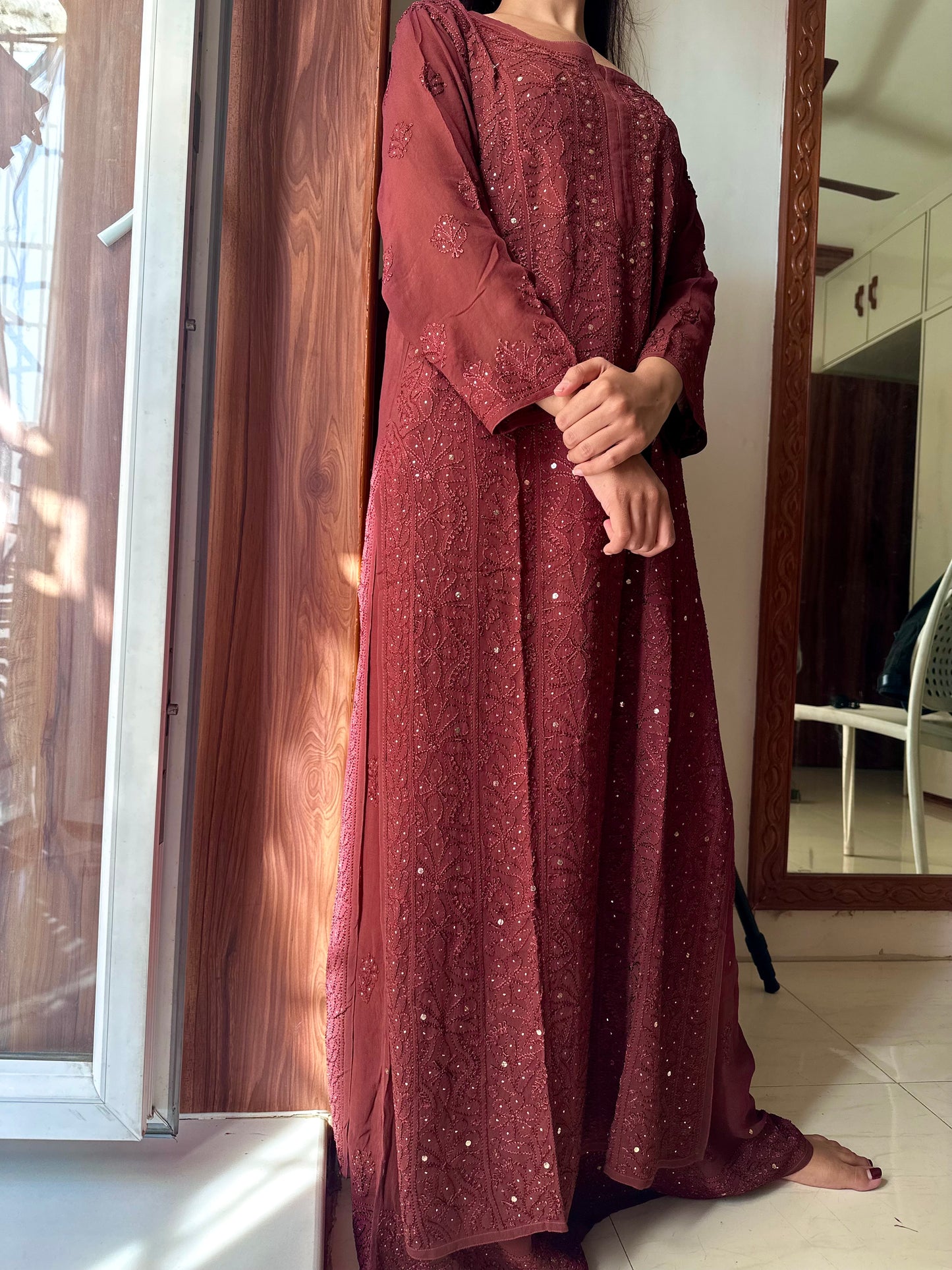 Tara Terracotta Browns Chikankari Mukaish Suit Set