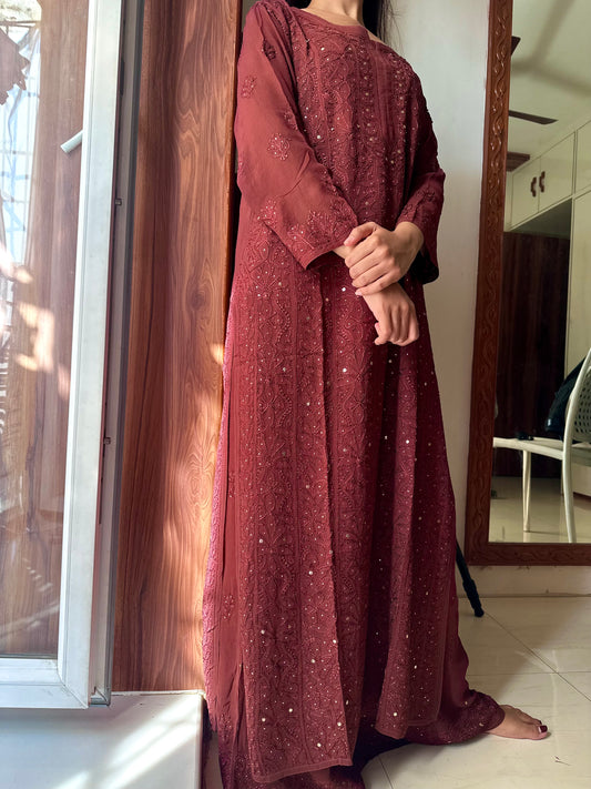 Tara Terracotta Browns Chikankari Mukaish Suit Set