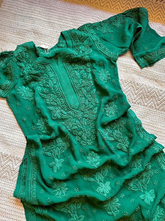 Rutu Bottle green 3D Lucknowi Chikankari kurta