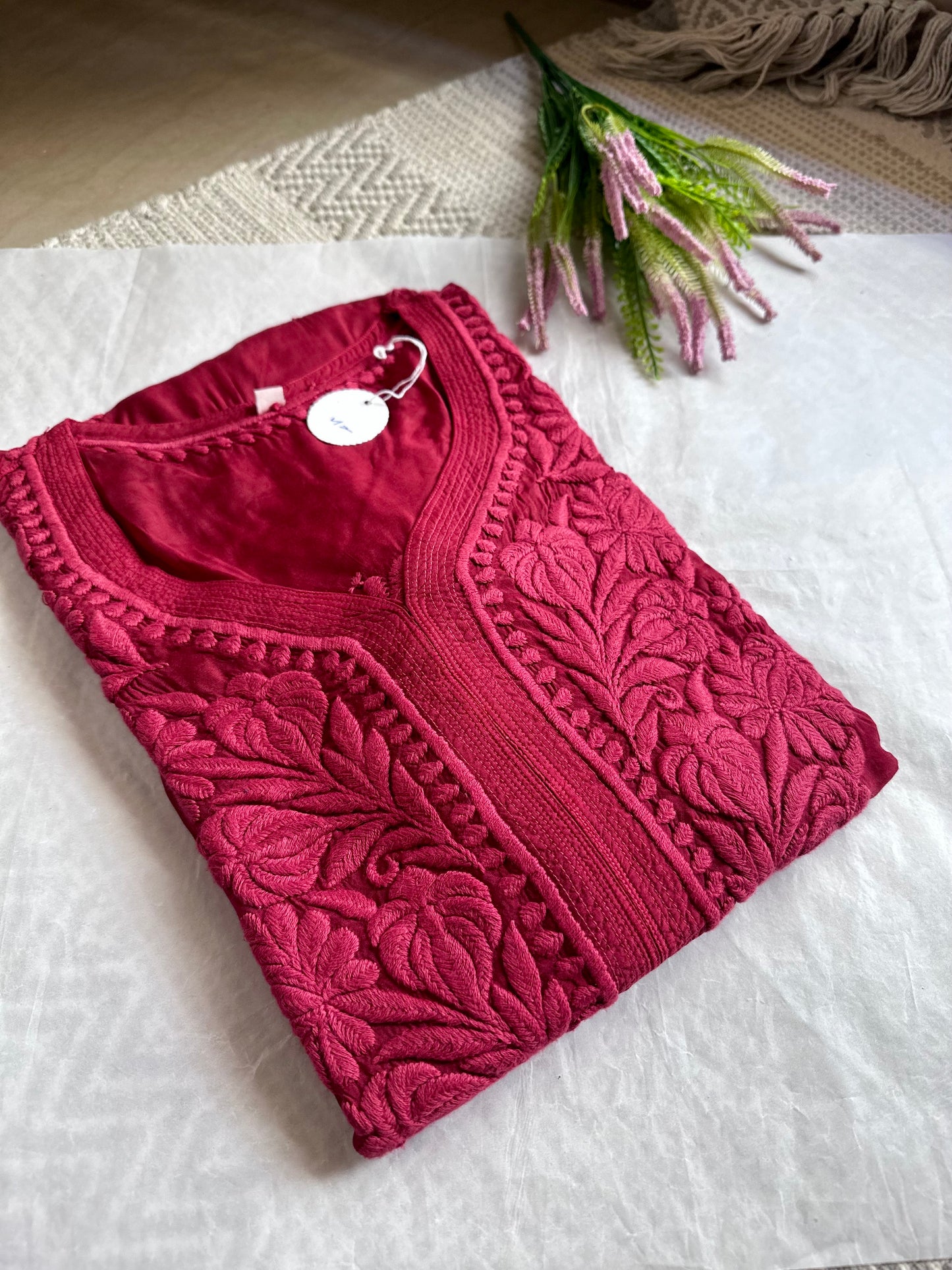 Noor Chikankari 3D handwork kurta - Rust red