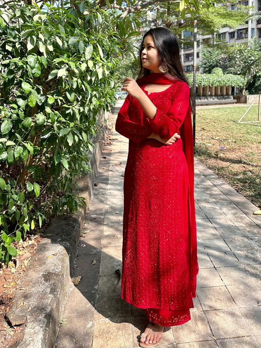 Tara Jaal Sindoori reds Georgette Kamdani Suit Set