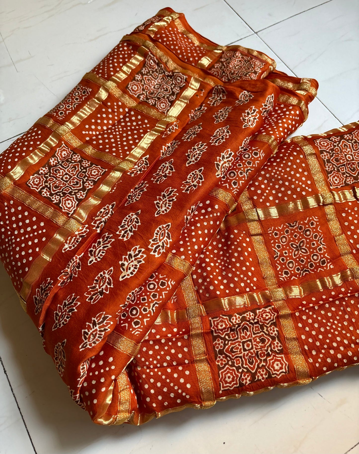 Pure Modal Gharchola Bandhej Ajrakh Saree