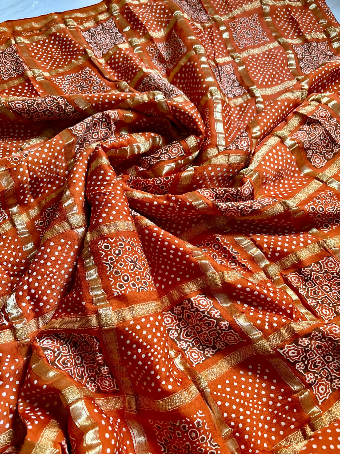 Pure Modal Gharchola Bandhej Ajrakh Saree