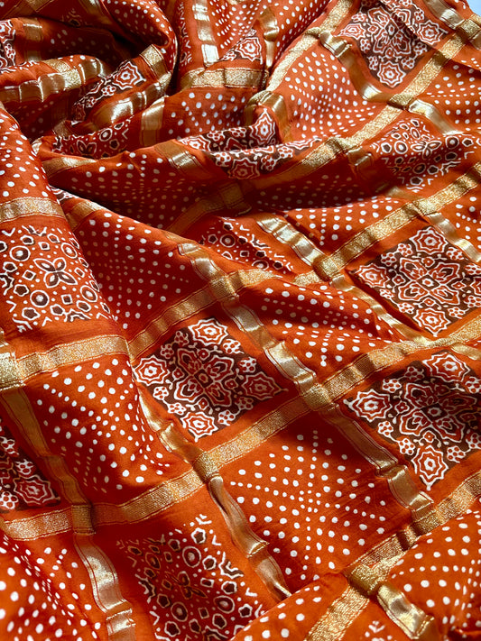 Pure Modal Gharchola Bandhej Ajrakh Saree