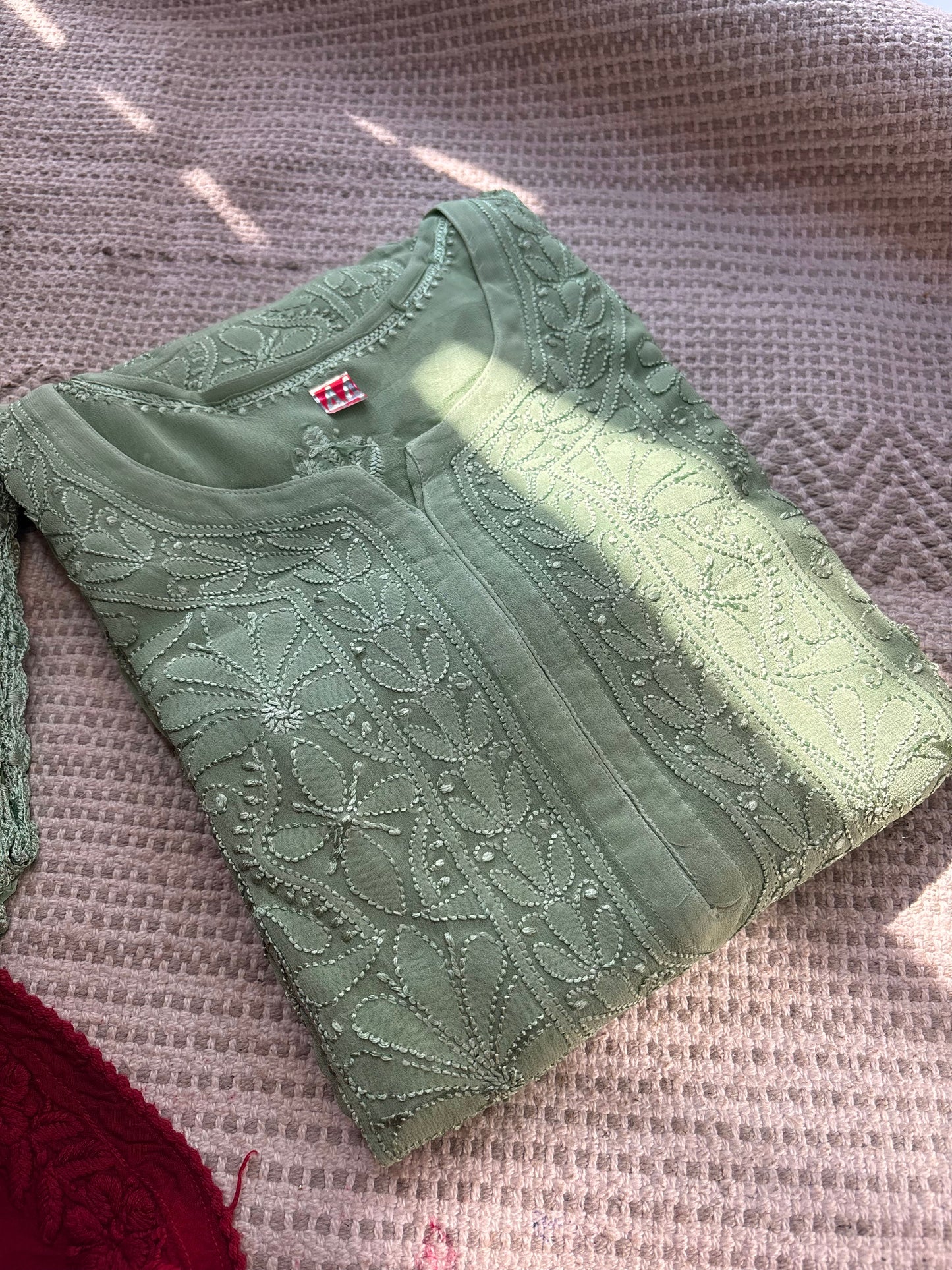 Sage green Pure Handwork Georgette Chikankari Suit Set