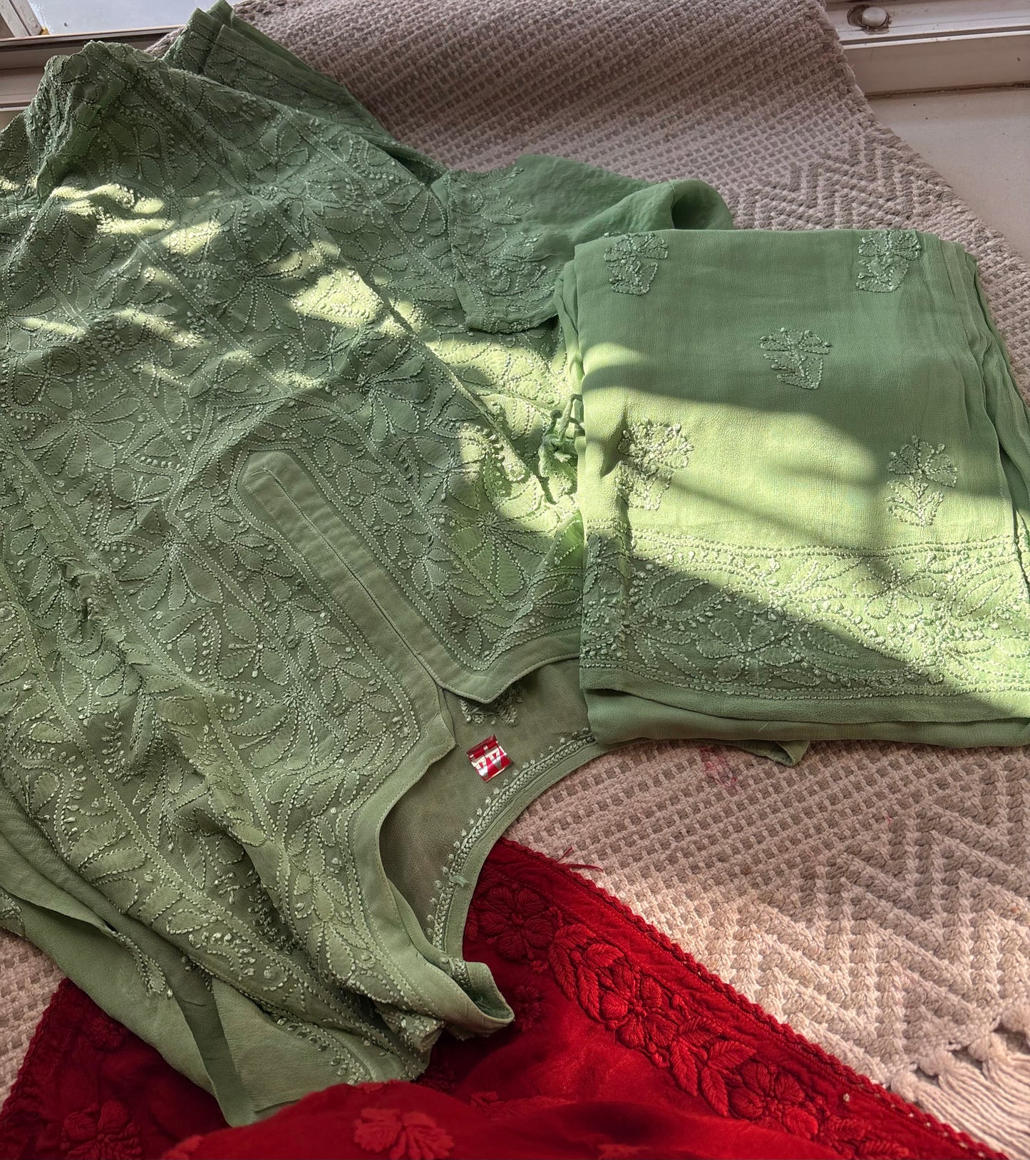 Sage green Pure Handwork Georgette Chikankari Suit Set