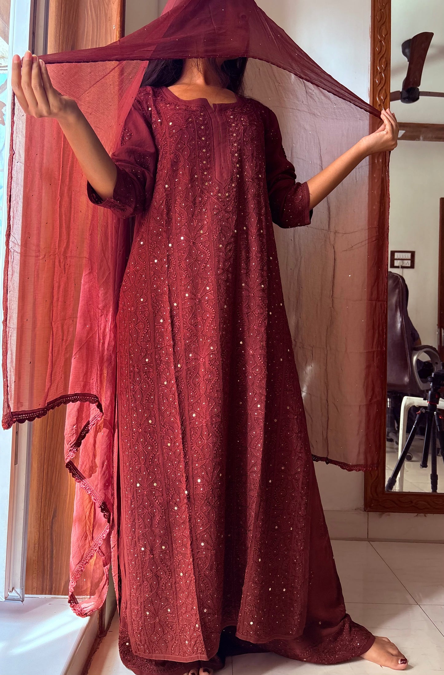 Tara Terracotta Browns Chikankari Mukaish Suit Set