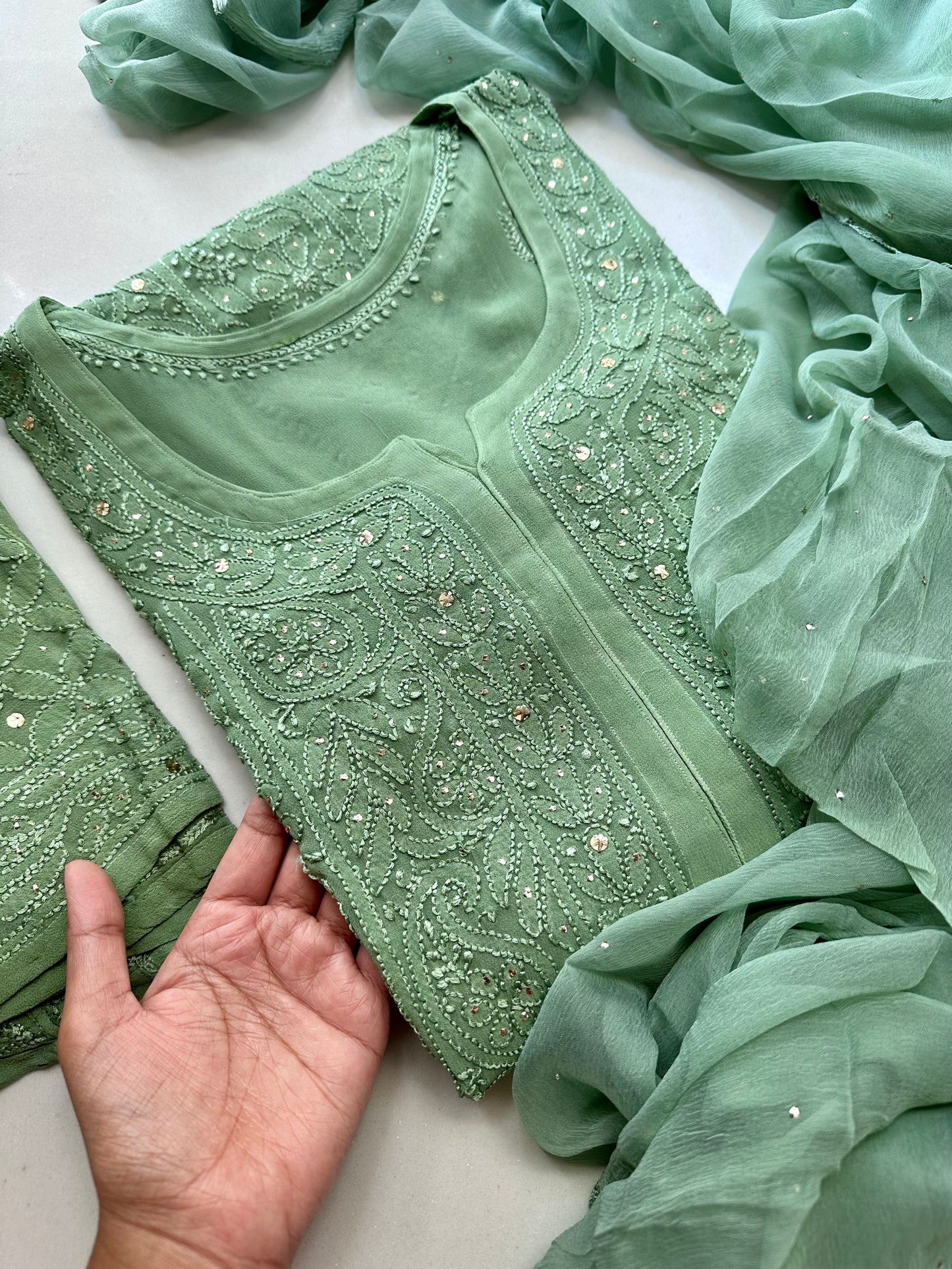 Ombre Jaal Georgette Mukaish Chikankari Kurta
