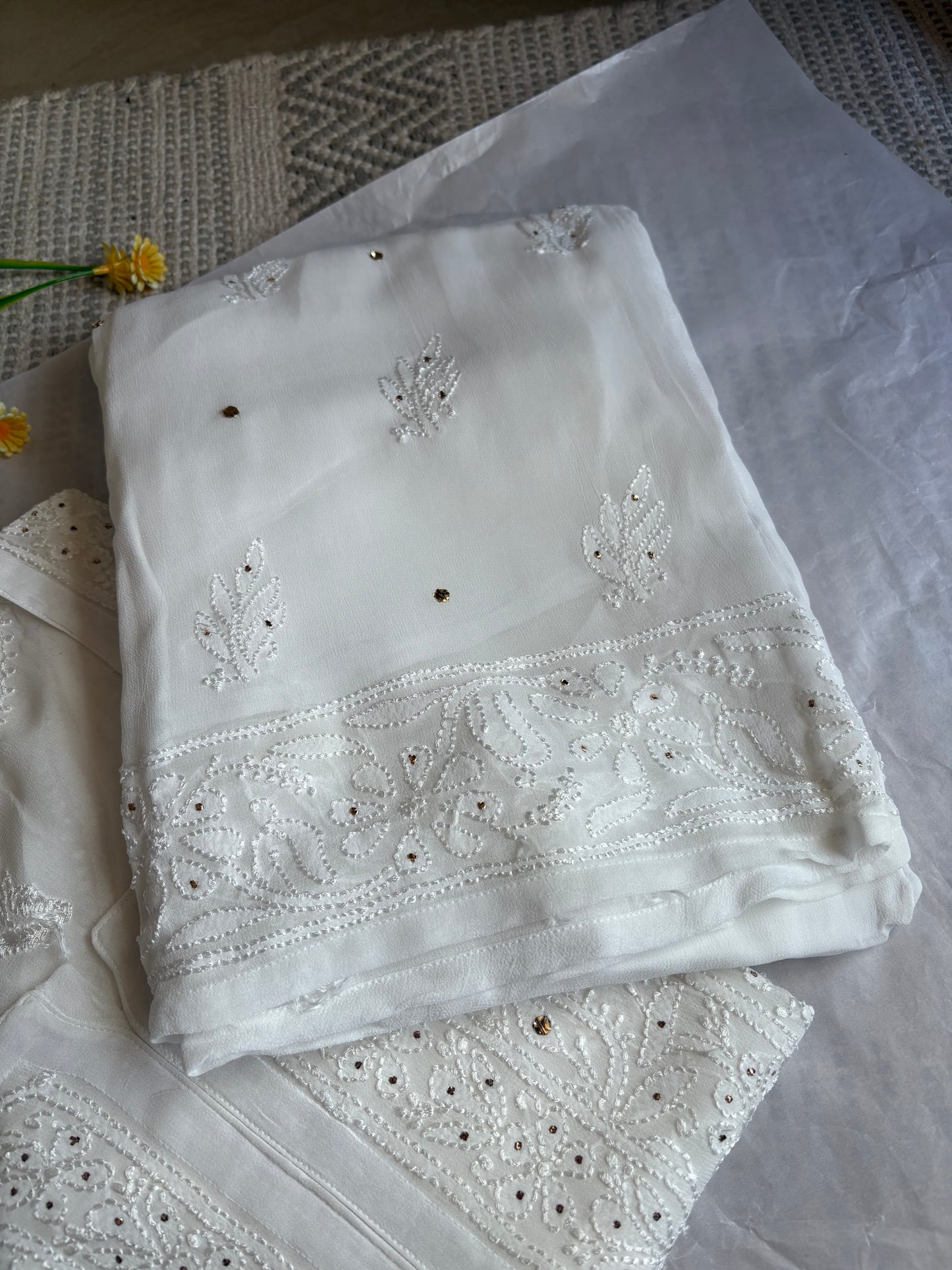 Chand White Mukaish Jaal georgette Chikankari Suit Set