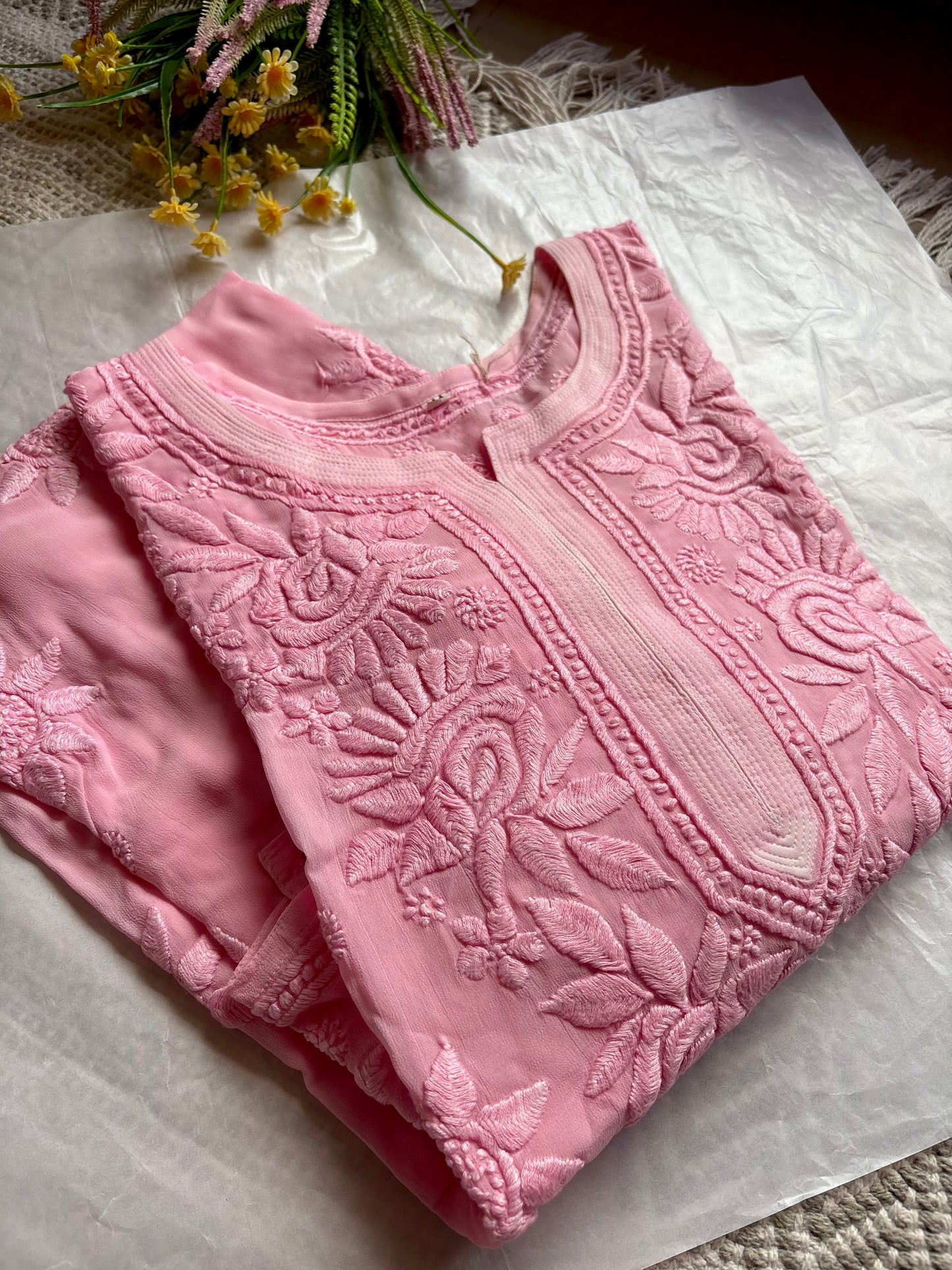 Blossom Pink 3D handwork Chikankari Kurta