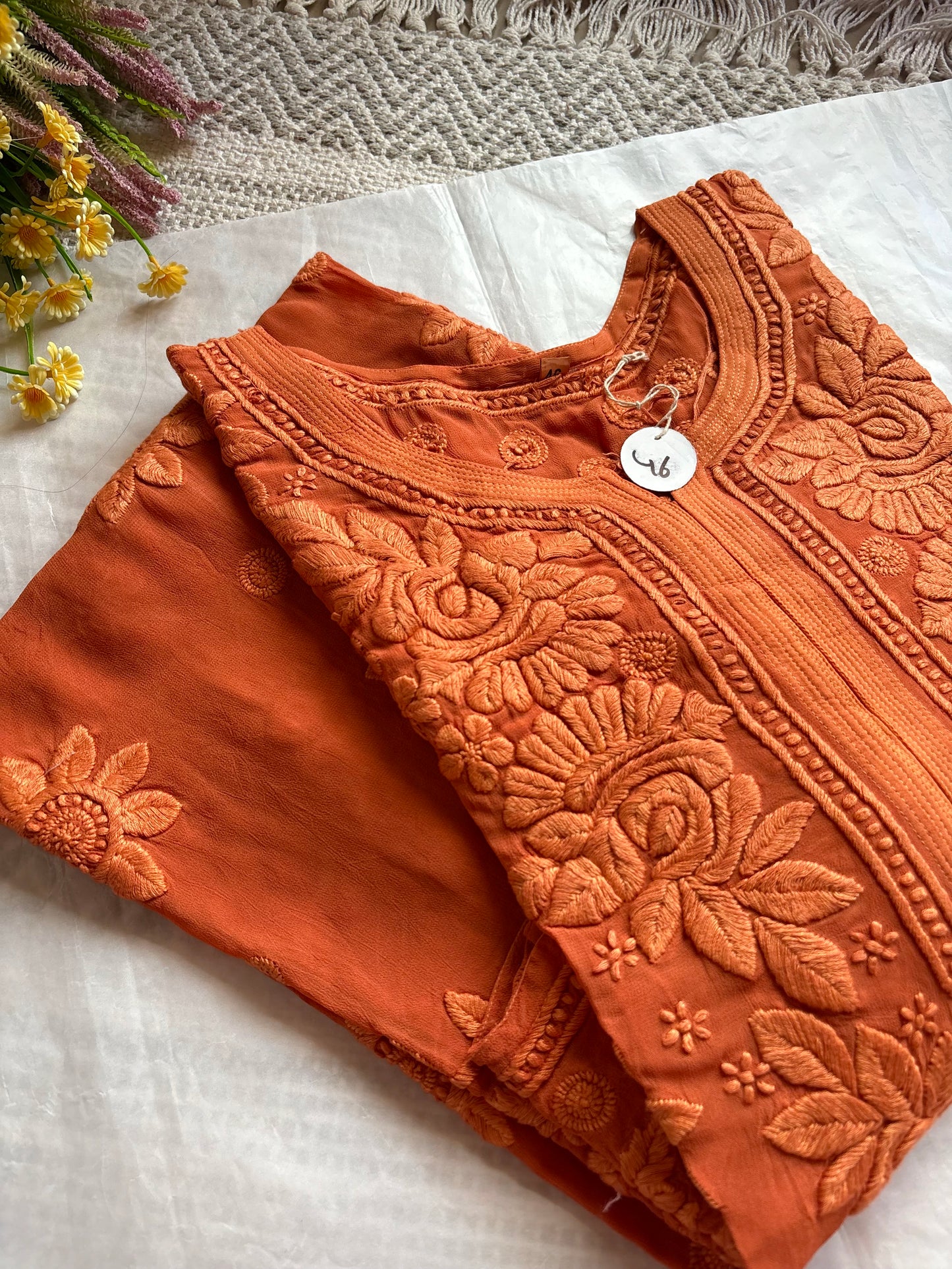 Blossom 3D Rustic orange Long Lucknowi Chikankari Kurta