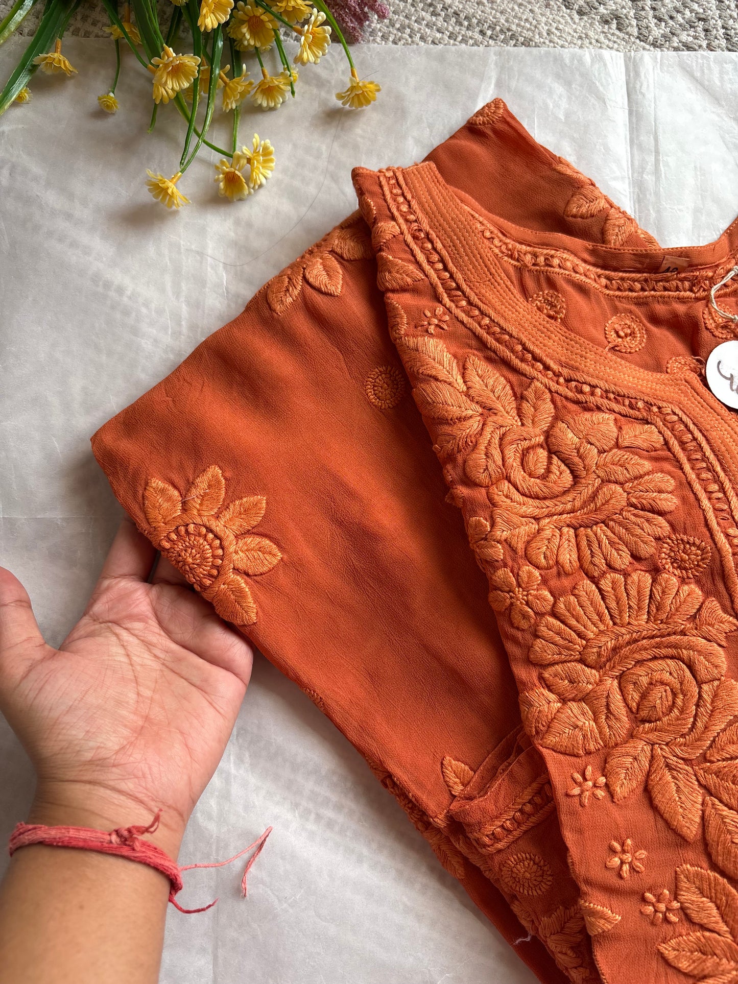 Blossom 3D Rustic orange Long Lucknowi Chikankari Kurta