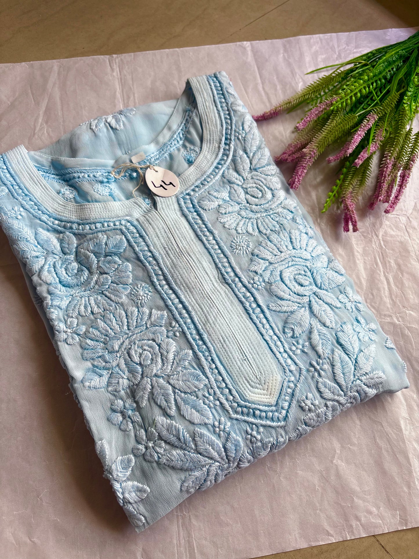 Blossom Ice blue 3D Handwork Chikankari Kurta