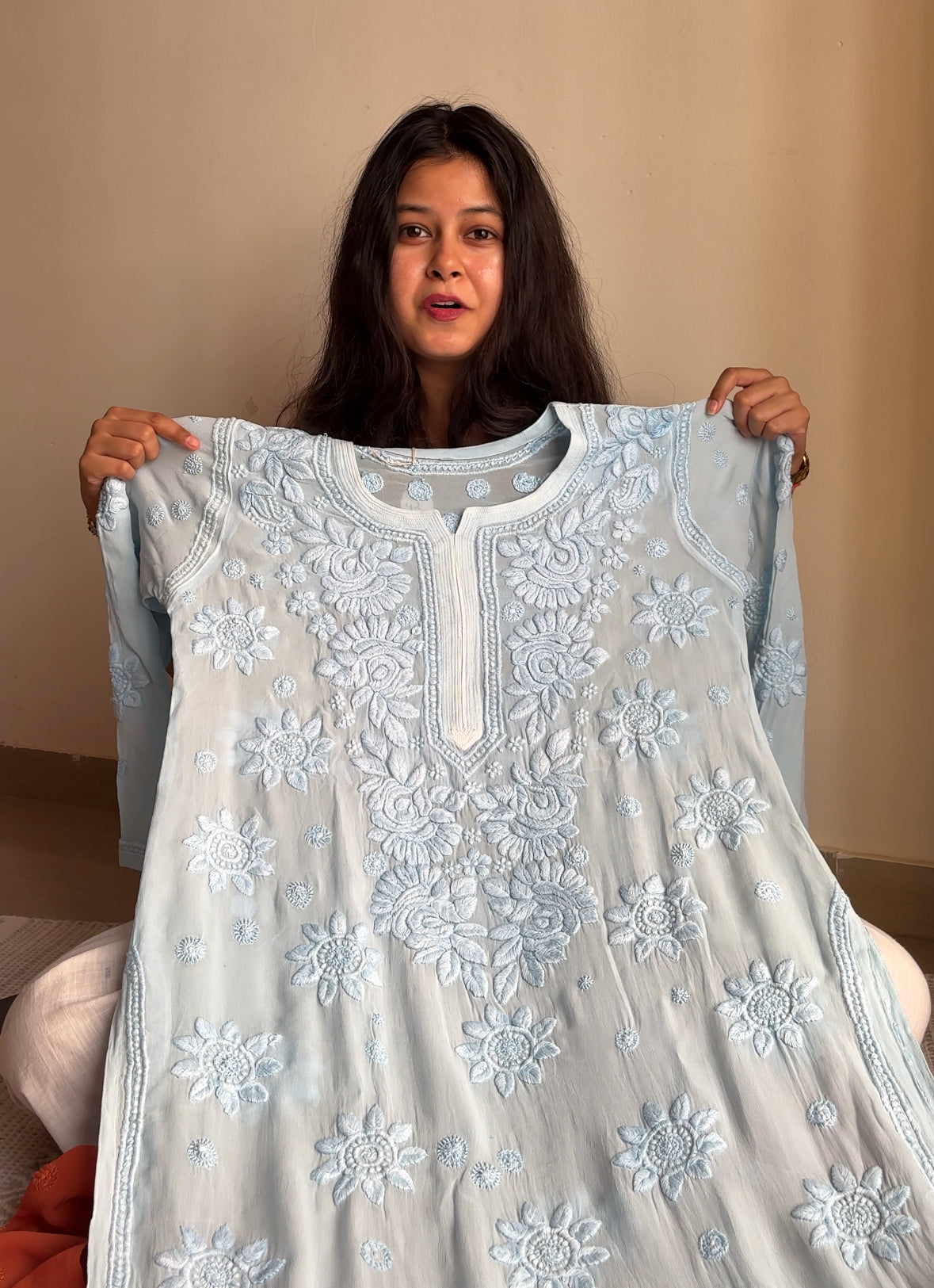 Blossom Ice blue 3D Handwork Chikankari Kurta