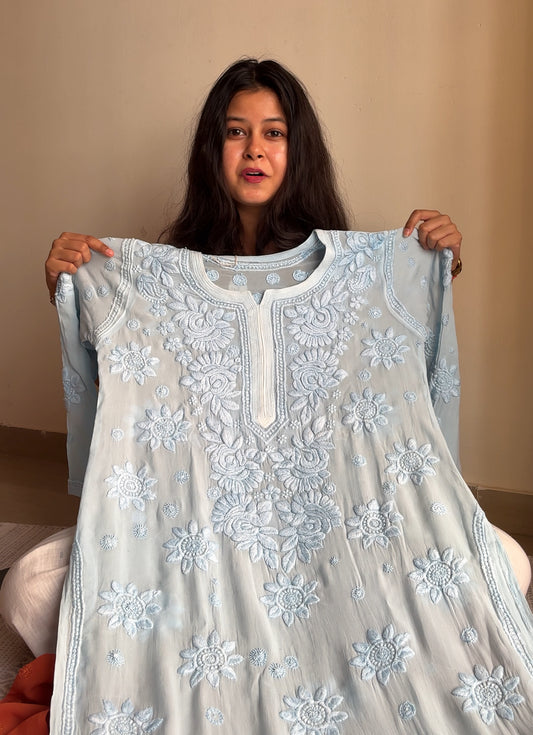 Blossom Ice blue 3D Handwork Chikankari Kurta