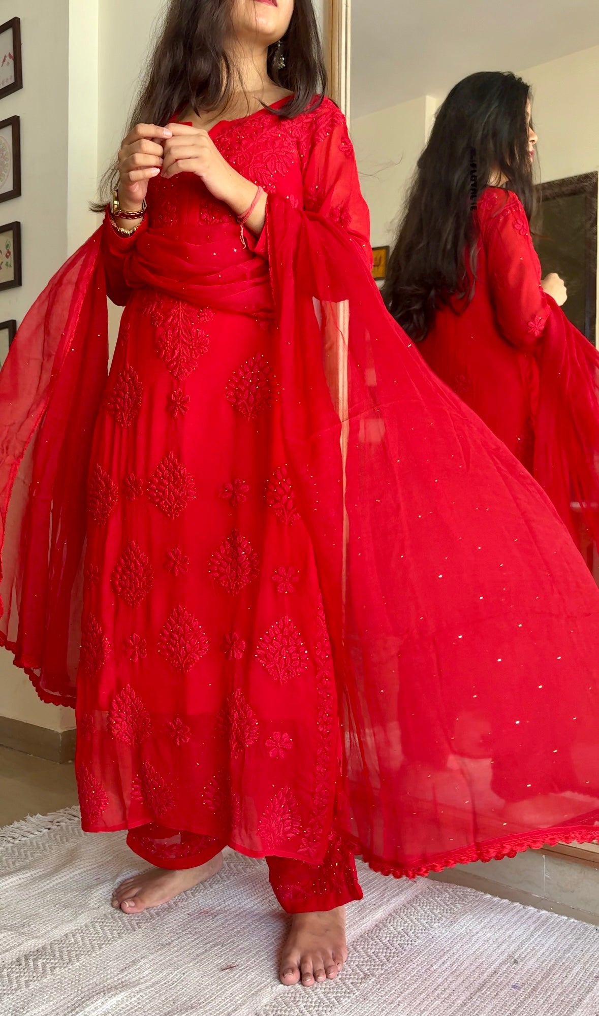 Haseen Haniya Lucknowi 3D mukaish Red Chikankari Suit set