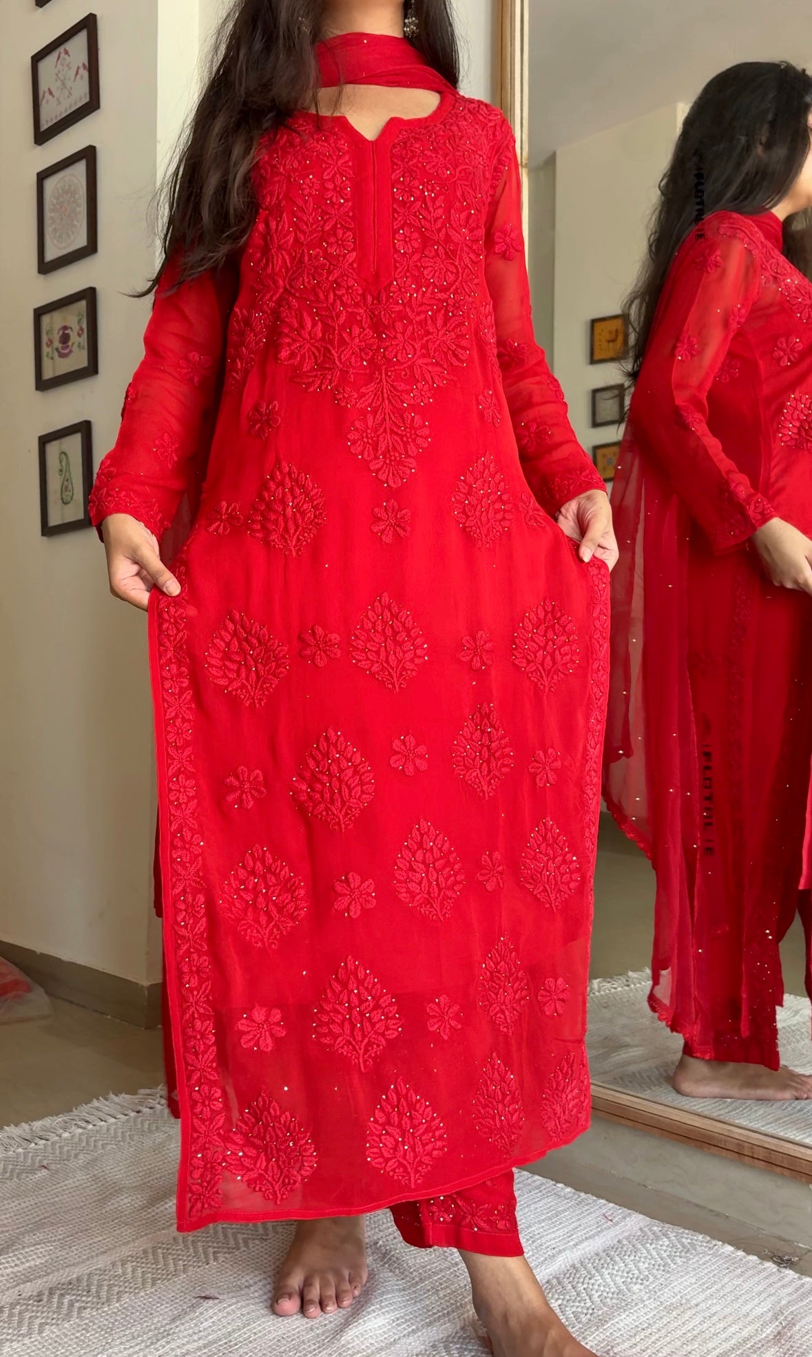 Haseen Haniya Lucknowi 3D mukaish Red Chikankari Suit set