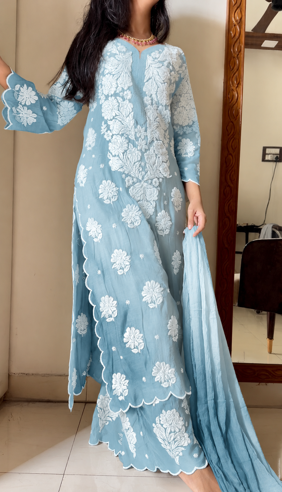 Alia Ice blues - Scallop Chikankari Kurta