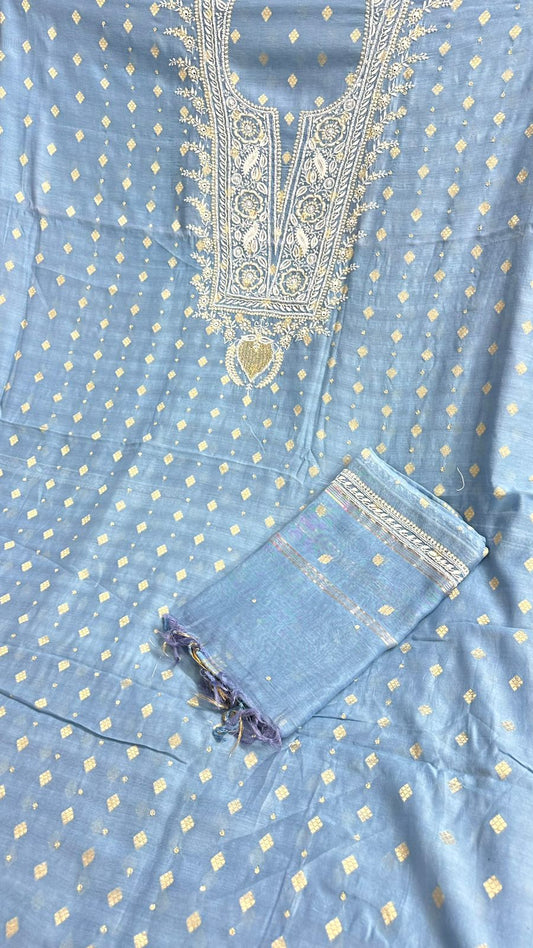 Banarsi weave Unstitched Pure Makhan mul chanderi Suit Sets