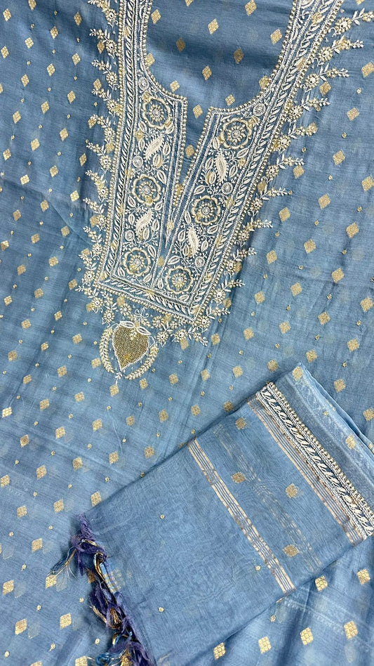Banarsi weave Unstitched Pure Makhan mul chanderi Suit Sets
