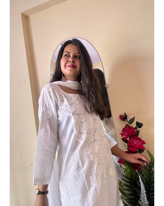 Chandni White Cotton Mukaish Chikankari Kurta