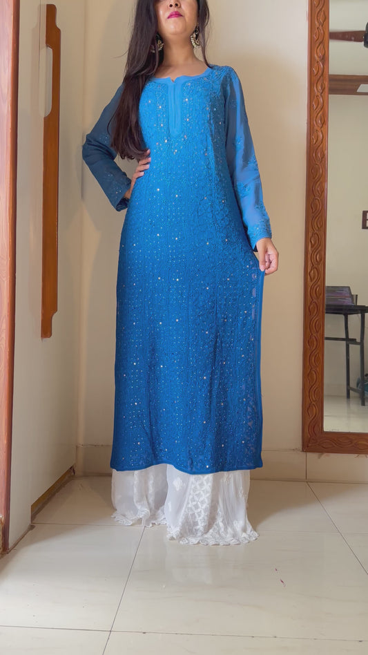 Ombre Jaal Georgette Mukaish Chikankari Kurta