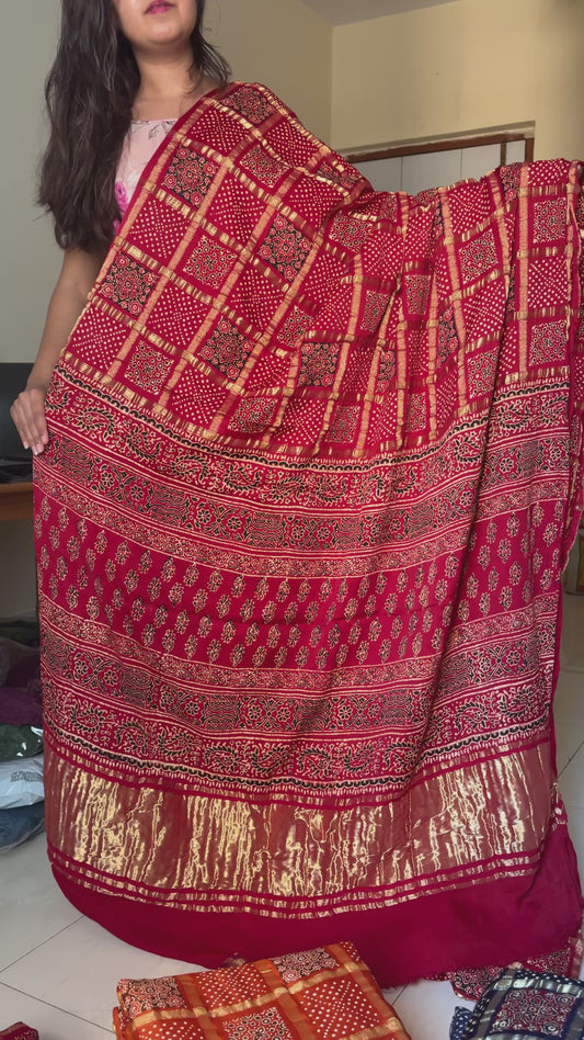 Gharchola Bandhej Ajrakh Handmade Bandhani saree